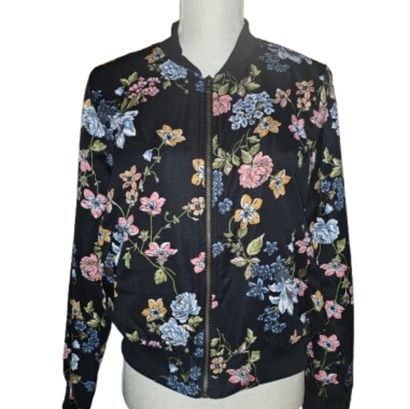 Pink Rose Jackets & Blazers - Pink Rose Floral Bomber Jacket - Black Multi Fully Lined